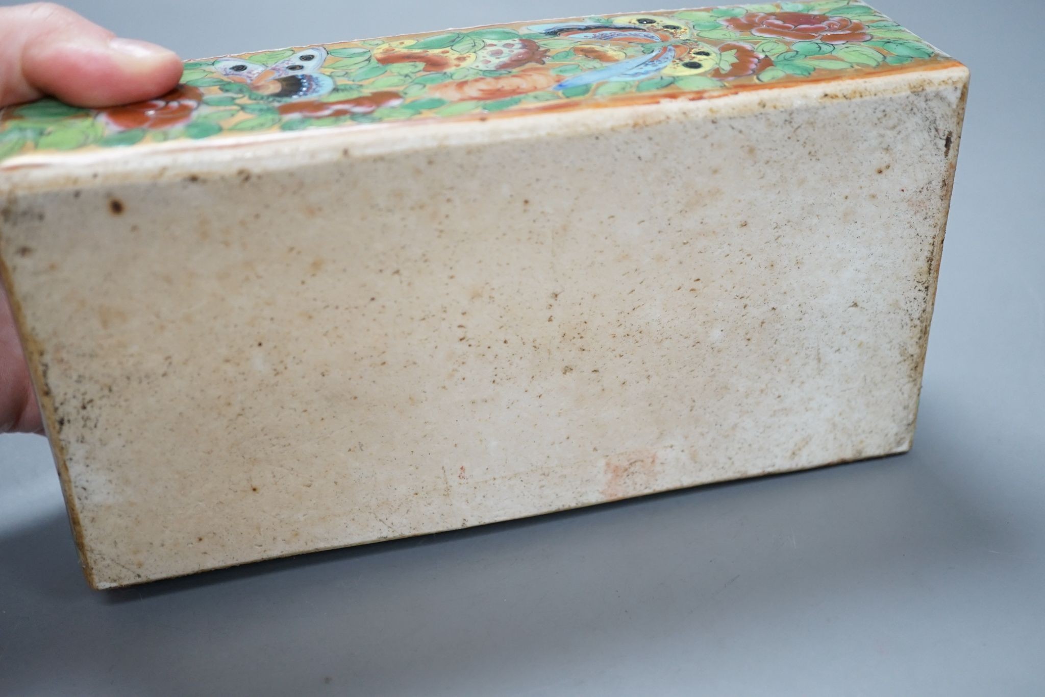 A Canton famille rose pen box, restored, 19cm